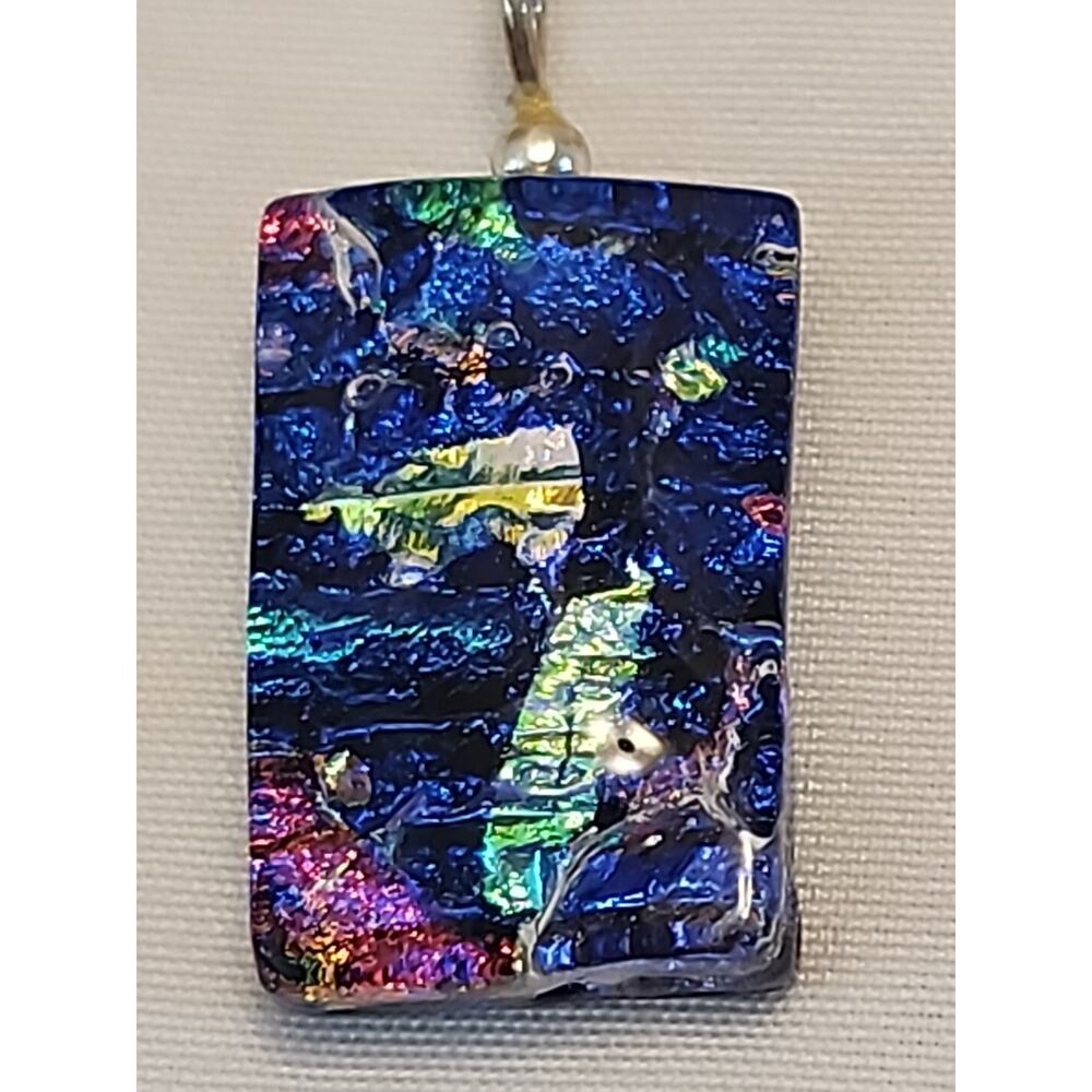 Dichroic Glass Rectangle Pendant 925 Silver 90's Blues Pinks